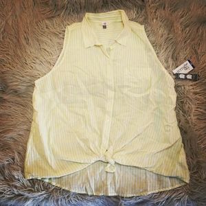 Terra Sky Top Darling Yellow White Striped Linen Blend Tie Front Shirt Blouse
